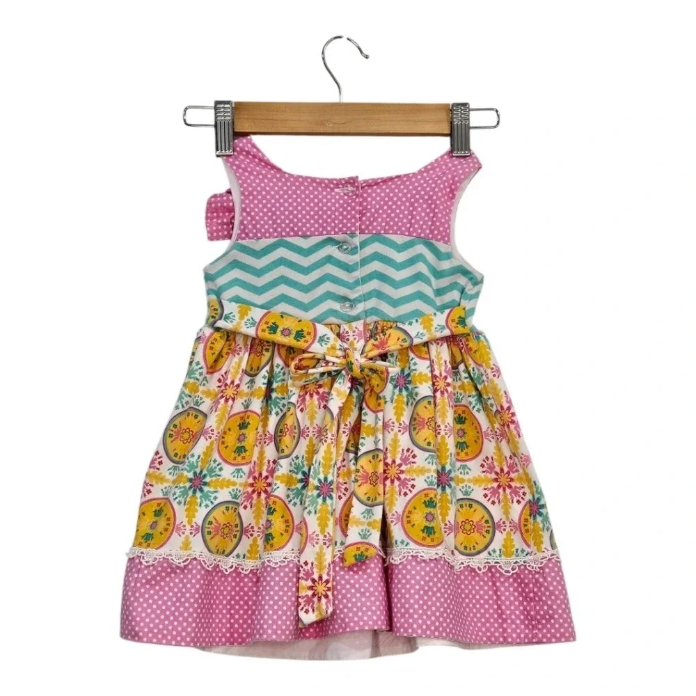 Counting Daisies Girls Pink Cotton Fit & Flare Dress 2T Chevron‎ Polka Dot Bow